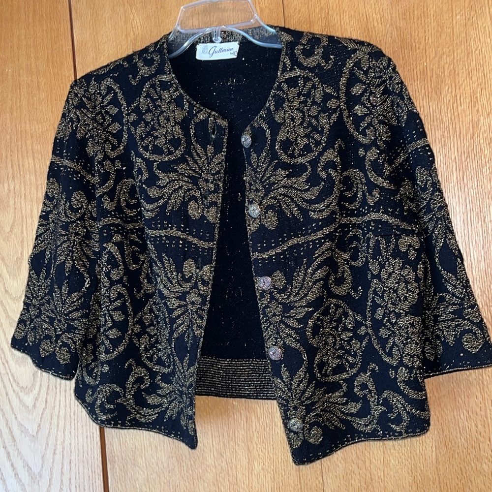 Vintage 1950s Guttman Knitwear black gold 1/2 Sleeve Button Blazer L size 40 EUC